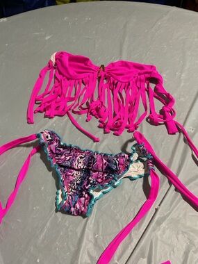 Fringe Bandeau Bikini Set in Hot Pink with Multicolor Bottom 1083